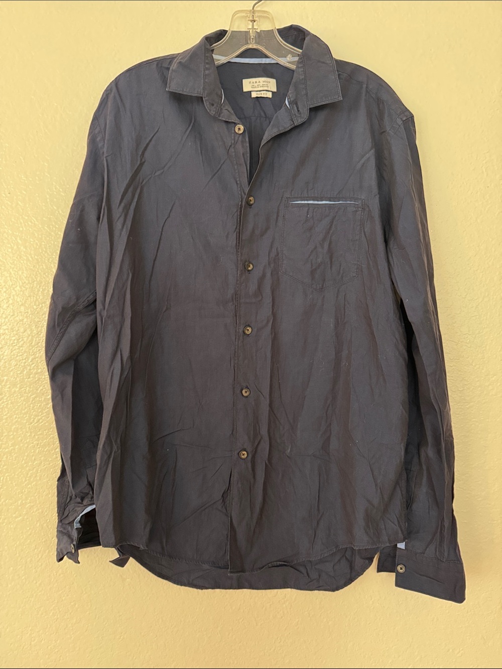 Zara Navy Button-Up Shirt with Light Blue Trim